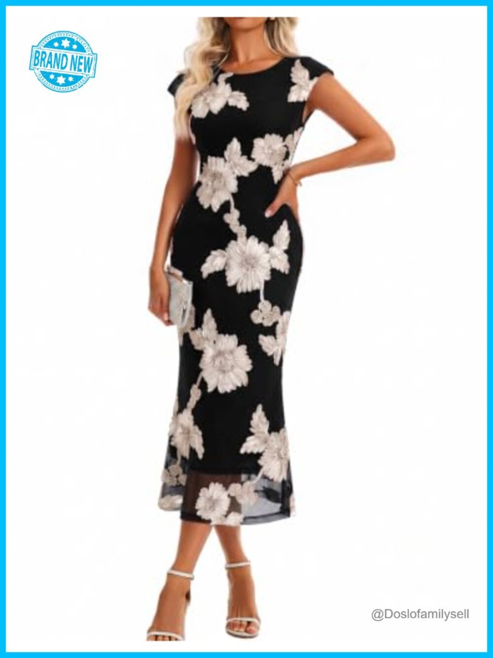 Floral Mesh Midi Dress Cap Sleeve Bodycon Cocktail Wedding Guest